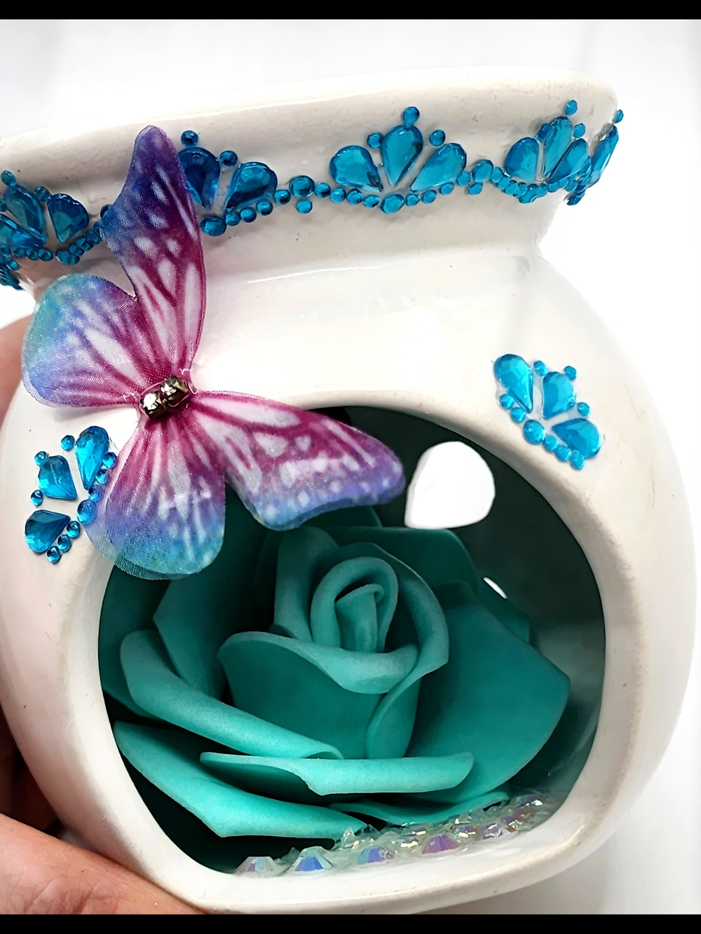 White Ceramic Butterfly Teal Rose Decorative Decor